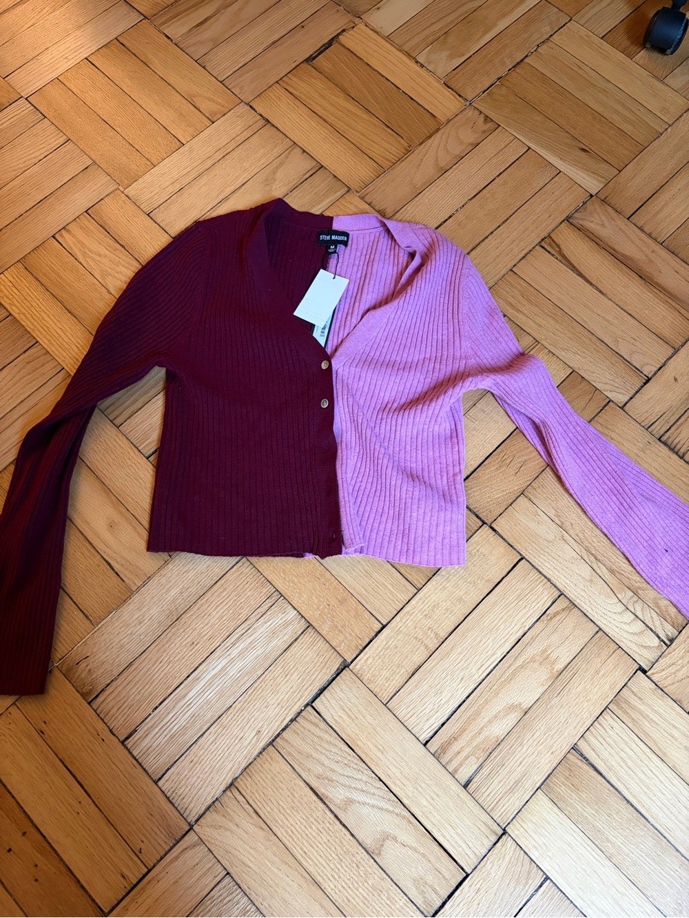 Steve Madden Two-Tone Ribbed Cardigan - Burgundy & Light Purple